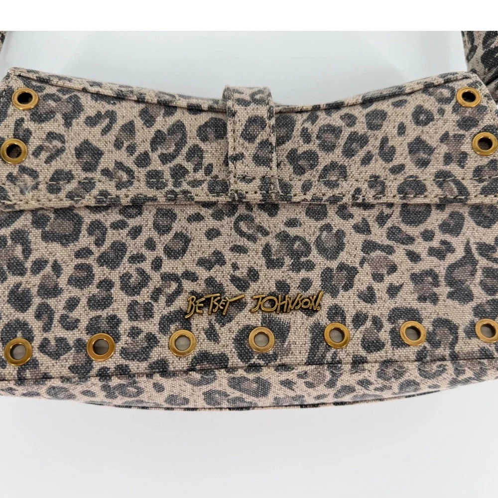 Betsey Johnson Leopard Print Baguette Shoulder Bag Grommet Western Buckle Tan